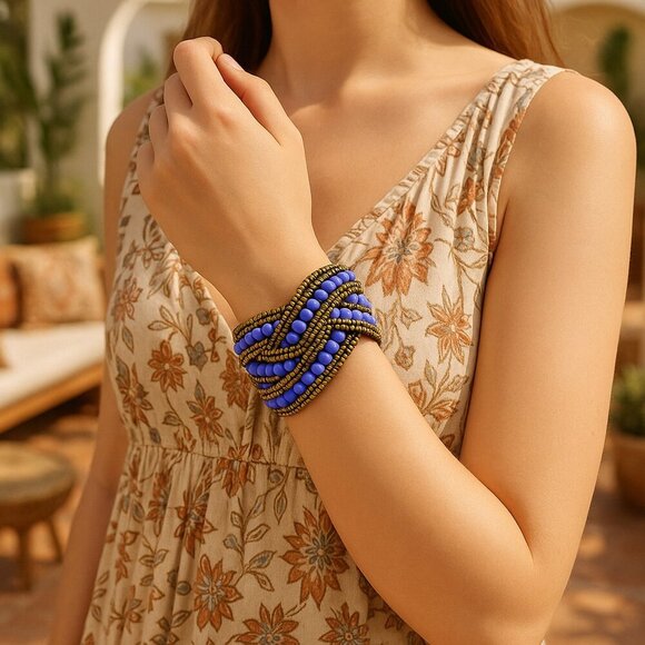 π Indian Artisanal Boho Beaded Cuff Bracelet | Adjustable Bold Statement Piece - Picture 10 of 13